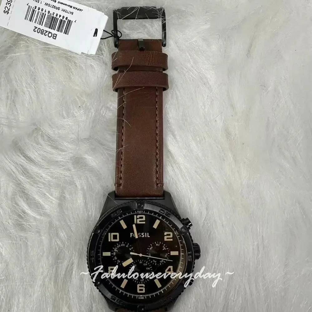 FOSSIL Men's Brox Multifunction Brown Leather Watch Black Dial 50mm BQ2802 NWT